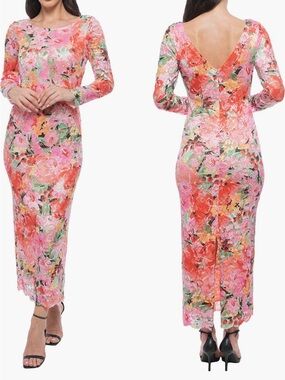 MARINA Pink Floral Long Sleeve Lace Body-Con Dress